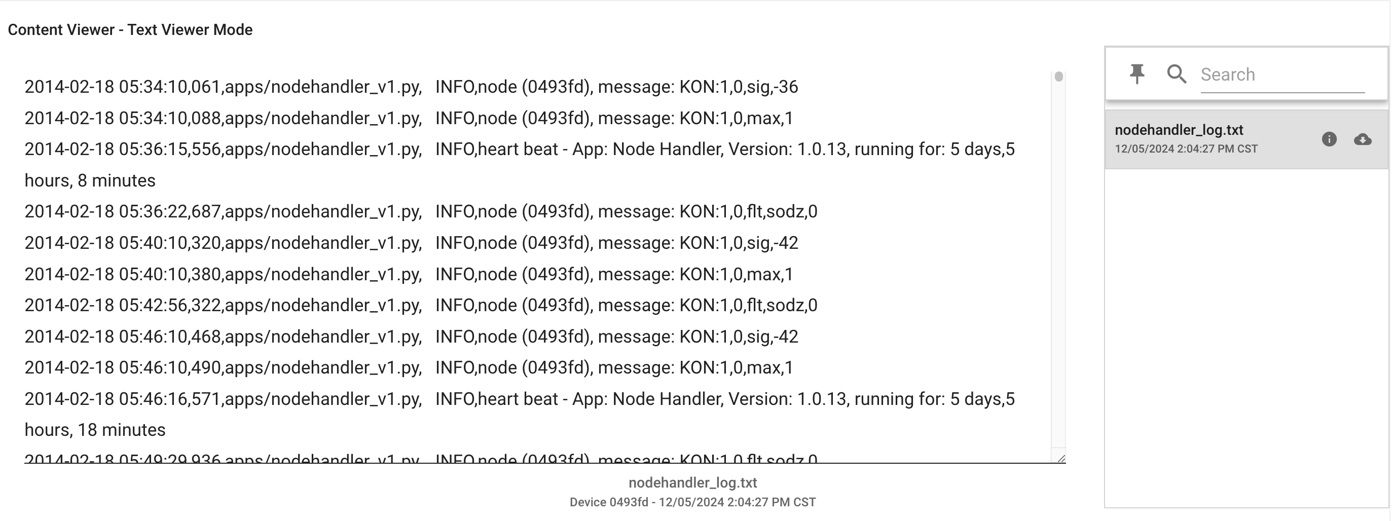 Example showing a device uploaded .log file