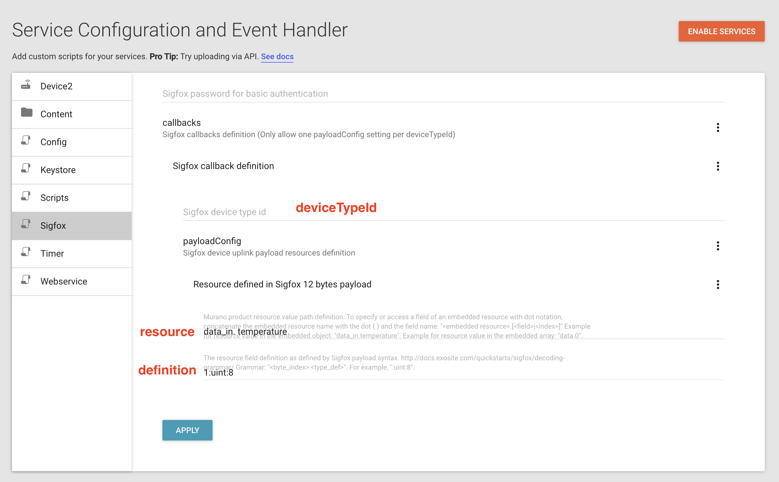 Configure Sigfox Payload